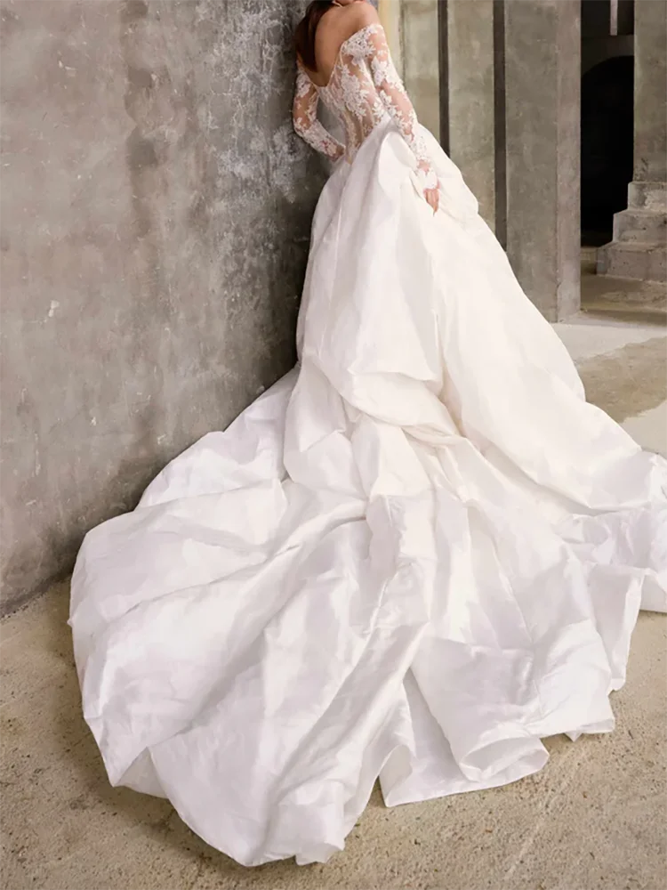 Vestidos de novia elegantes con hombros descubiertos, plisados de encaje, sin mangas, corte en A, personalizados