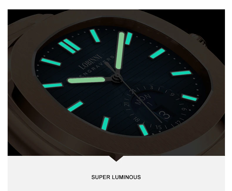 ساعة LOBINNI للرجال أوتوماتيكية 43 ملم ساعة يد ميكانيكية مربعة فاخرة مرآة ياقوت مضيئة لتاريخ الأسبوع