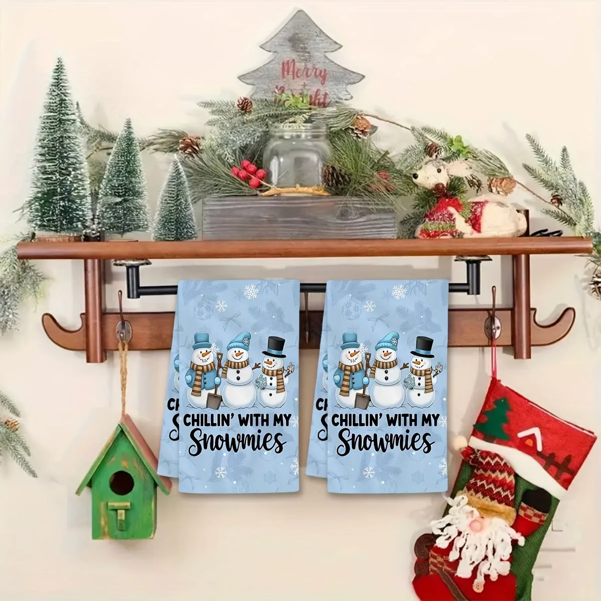 2PC Winter Snowman Christmas Towels | Kitchen Hand Towel Set | Bathroom/Kitchen Holiday Decor Essentials (Flat Print)
