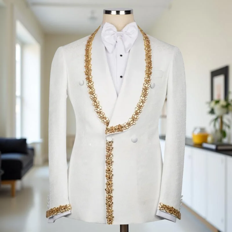 Beaded Floral Wedding Men Suits Double Breasted Blazer with Pants 2 Pieces Male Set Luxury Shawl Lapel Suit Jacket Custom Made
