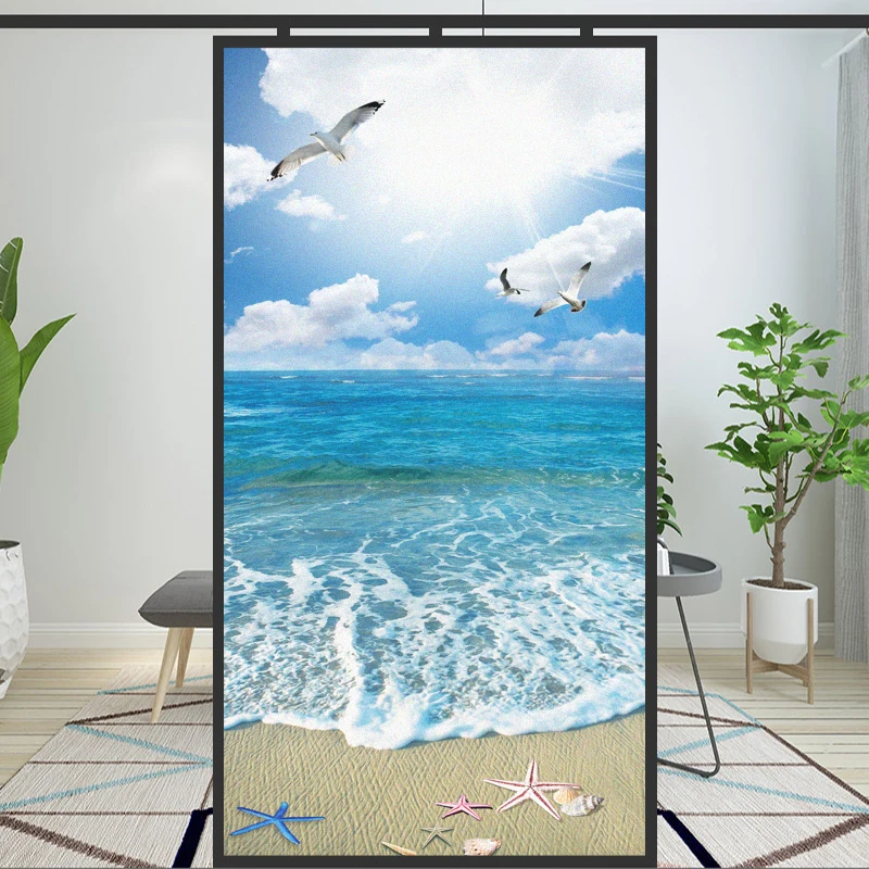 Seascape Decoration Privacy Windows Film Window Stickers No Glue Static Cling Frosted Windows Film for Home