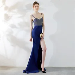 Women Sexy Strap Dress High Slit Evening Party Wear Crystal Dress