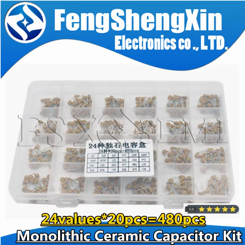 

24values*20pcs=480pcs 50V 10PF~10UF 5.08mm Multilayer Ceramic Capacitors MLCC Assorted Kit + BOX