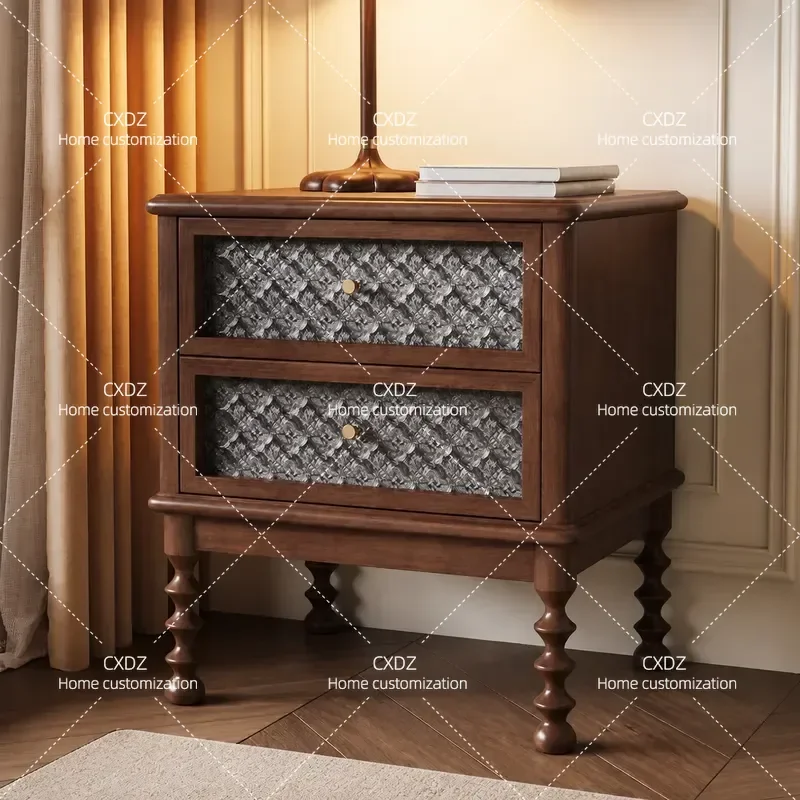 Retro Solid Wood Bedside Table Double Layer Bedroom Nightstand Movable Storage Cabinet Home Furniture
