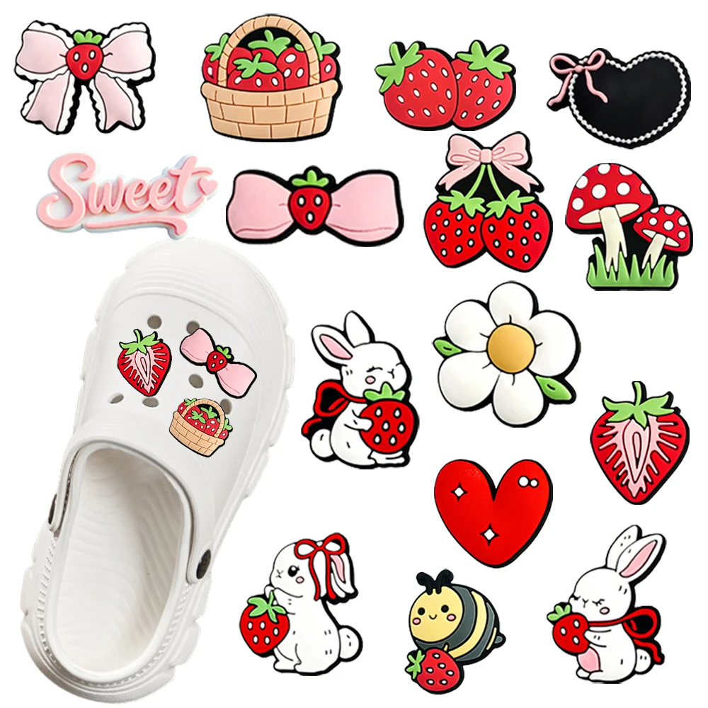 Hot Sales 15-100pcs Cute Strawberry Rabbit Cartoon PVC Shoe Charms Accessories DIY Detachable Waterproof Shoe Decorations Gifts