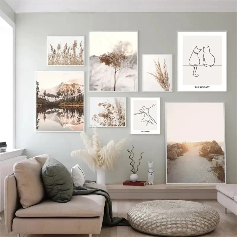 

Beige Reed Mountain Forest Dried Flowers Lines Wall Art Canvas Painting Posters And Prints Wall Pictures For Living Room Decor