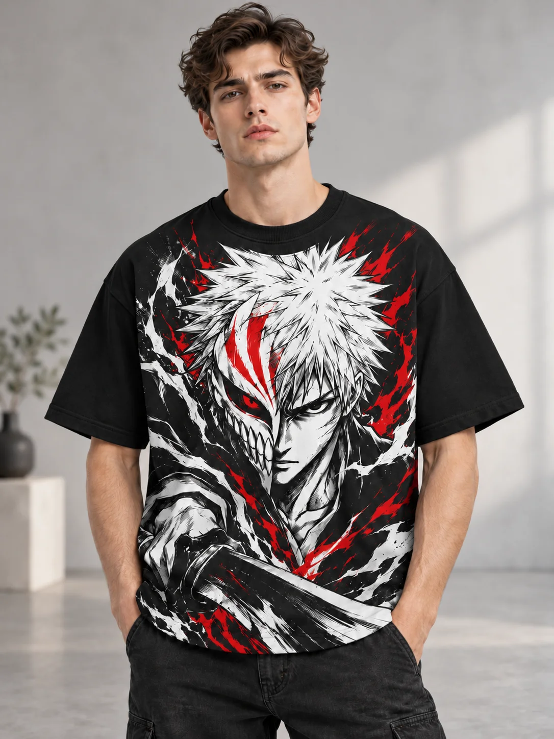 Splash Ink Anime Male Warrior Graphic T-shirt Unisex Half Masked Sword Man Red Black Paint Splatter Print Casual Summer Popular