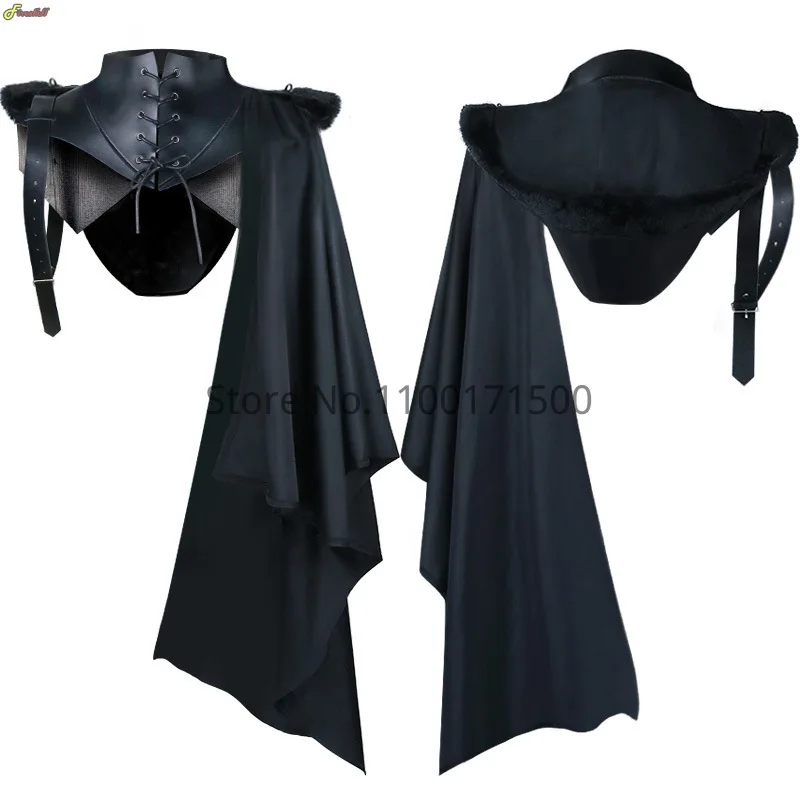 

Halloween Medieval Armor Black Cloak Single Shoulder Retro Cape Gothic Punk Lace Up Renaissance Costume Crusader Hood For Adults