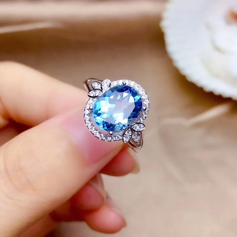 Micro-set sea blue topaz oval engagement silver ring stylish and simple