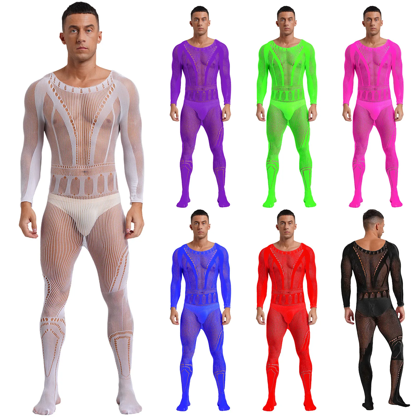 Mens Mesh Jumpsuit See-through Fishnet Bodystocking Hollow Out Long Sleeve Bodysuit Lingerie Exotic Sleepwear Nightwear Unitard