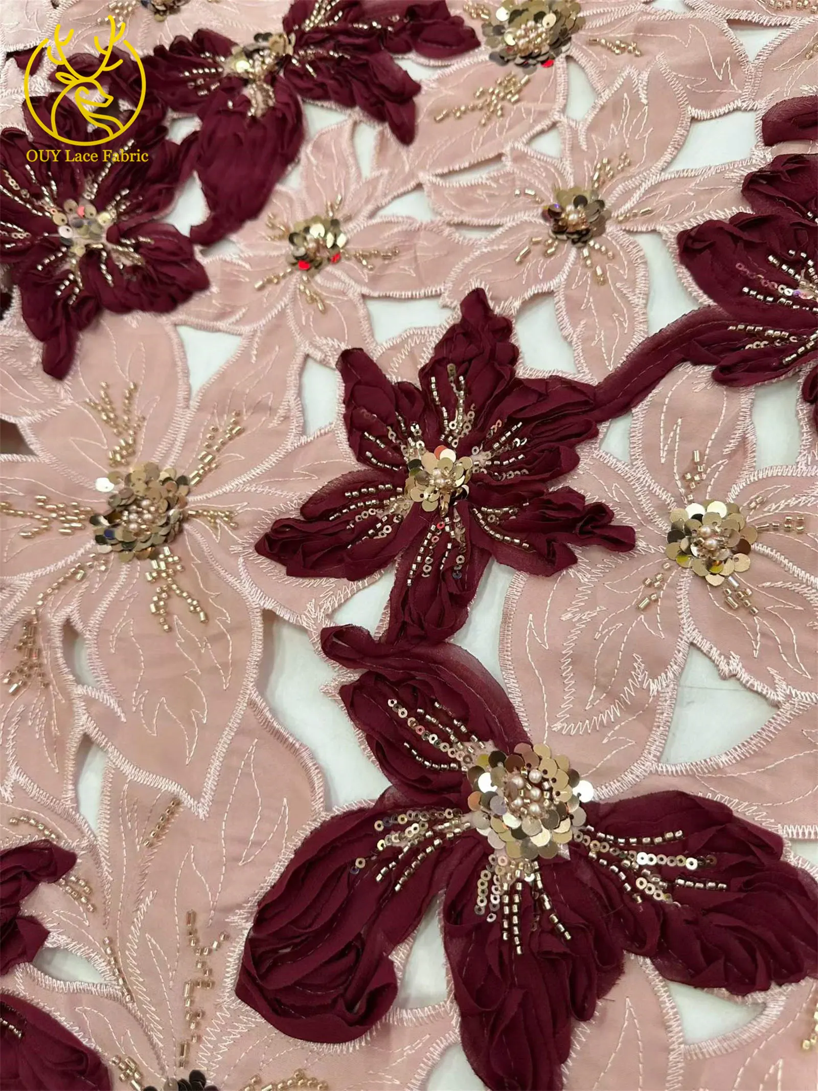 Afrikanischer französischer Stickerei-Spitzenstoff mit Perlen und Pailletten, nigerianischer Tüll-Stickerei-Blumenstoff für Abendkleider, Nähen und Dekoration – Detail 6