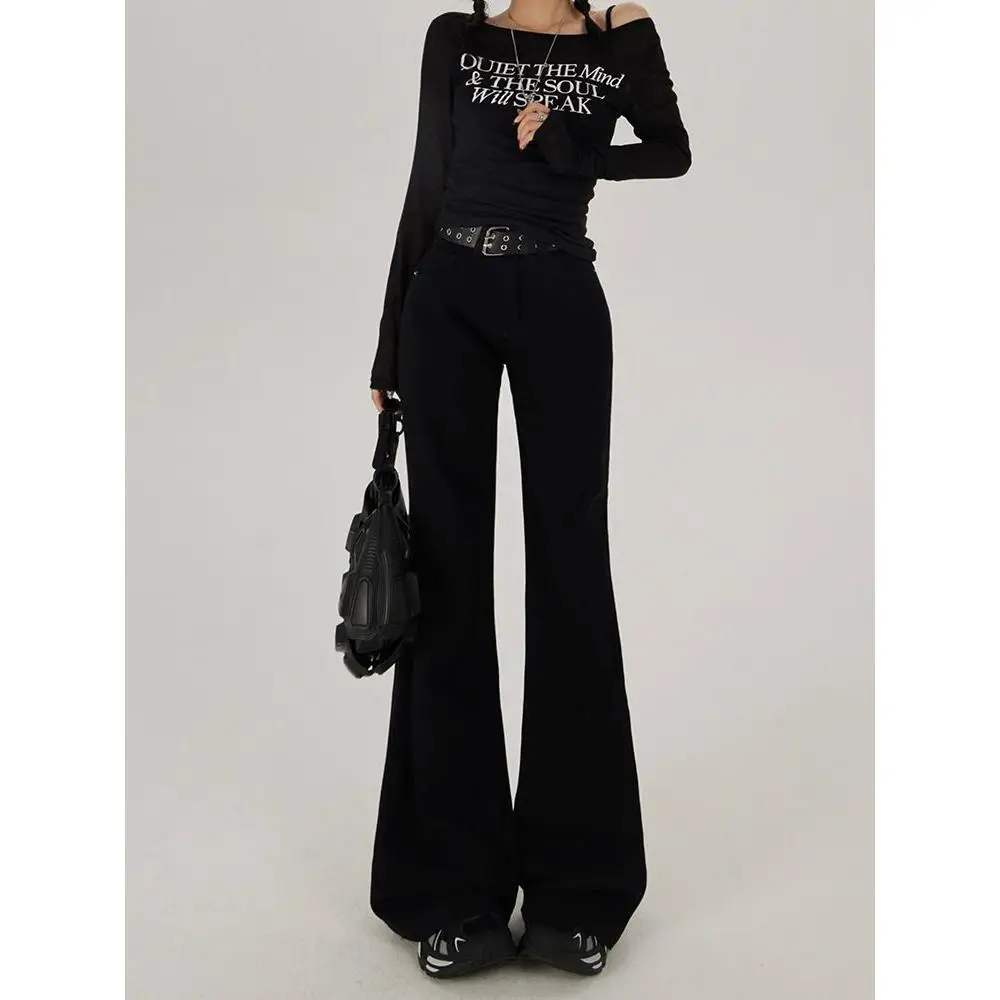

American Sle Sexy Girl Low Waist Bell Bot Jeans Women Early Autumn Bla Versatile Retro Slimming Straight Leg Pants