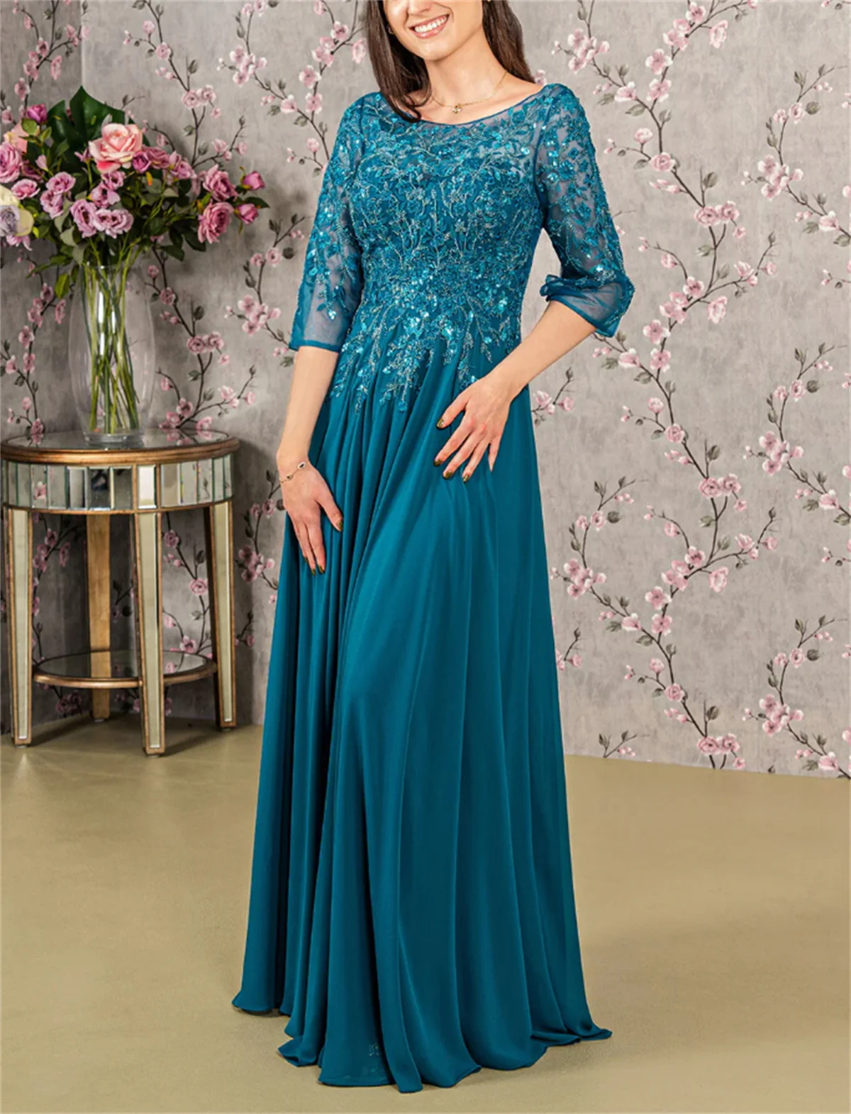 Blue A-Line Mother of the Bride Dress Elegant Sexy O Neck Floor Length Lace Stretch Chiffon Long Sleeve with Bow(s) Applique New