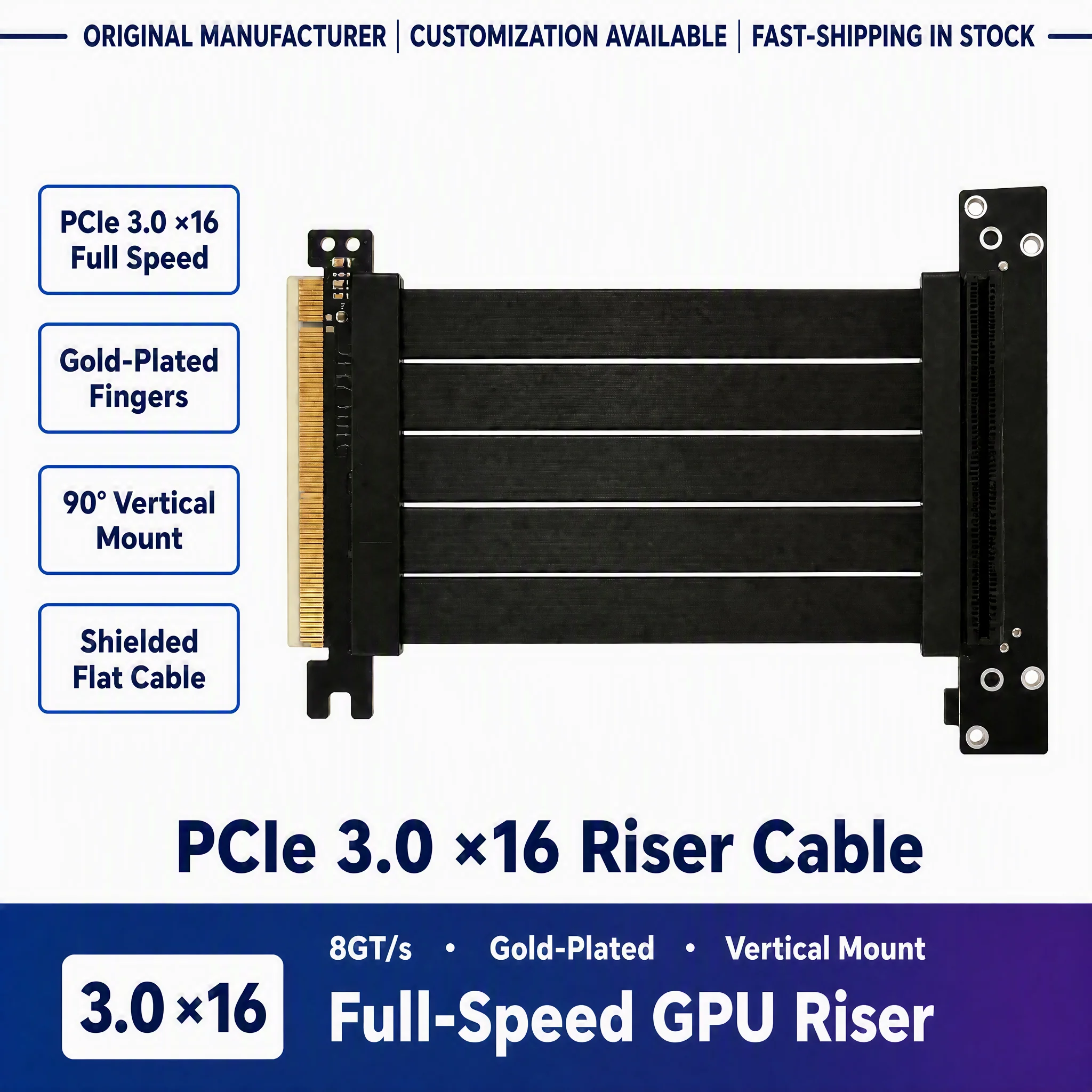 PCIe 3.0 X16 Riser Cable GPU Extension Cable Gold‑Plated Shielded No Signal Loss 90° Vertical Mount For ITX Gaming PC Case