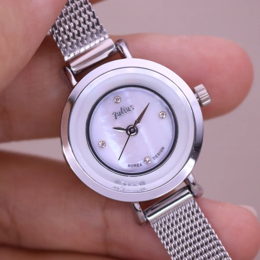 Julius Lady Woman Small Wrist Watch Mother-of-pearl Fashion Hours Dress Stainless Steel Chain School OL Girl Birthday Gift Box