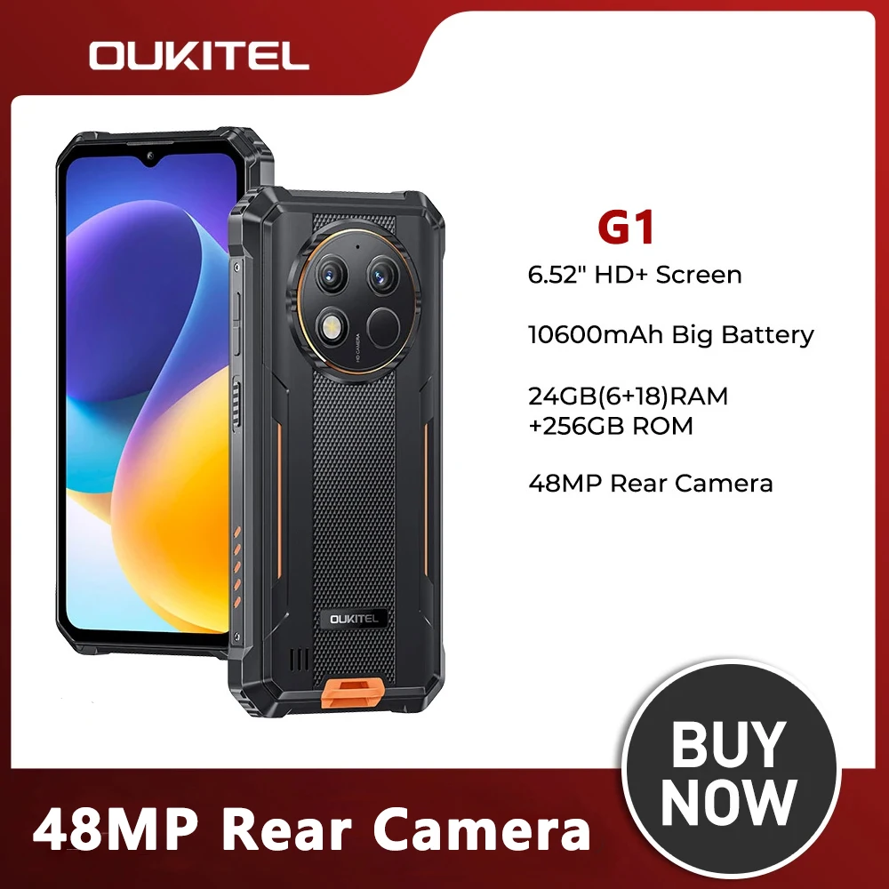 Oukitel G1 Rugged smartphone 10600mAh 24GB+256GB 6.52‘' HD+ Android14 48MP Camera cell phone