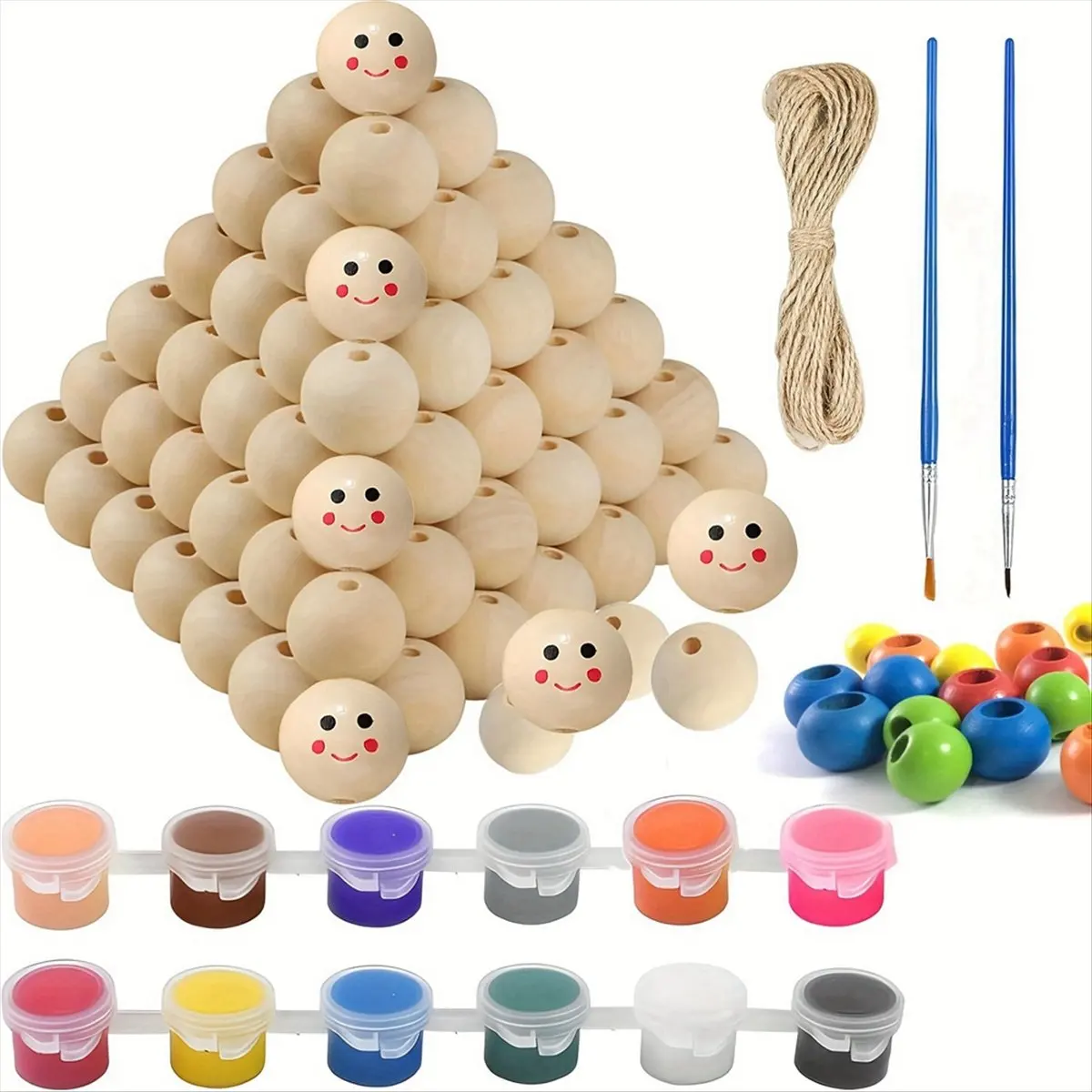 A73P 1 Set Graffiti Wood Beads Kit Wooden Beads Smile Face Wood Spacer Printed Wooden for DIY Craft Art Jewelry Making