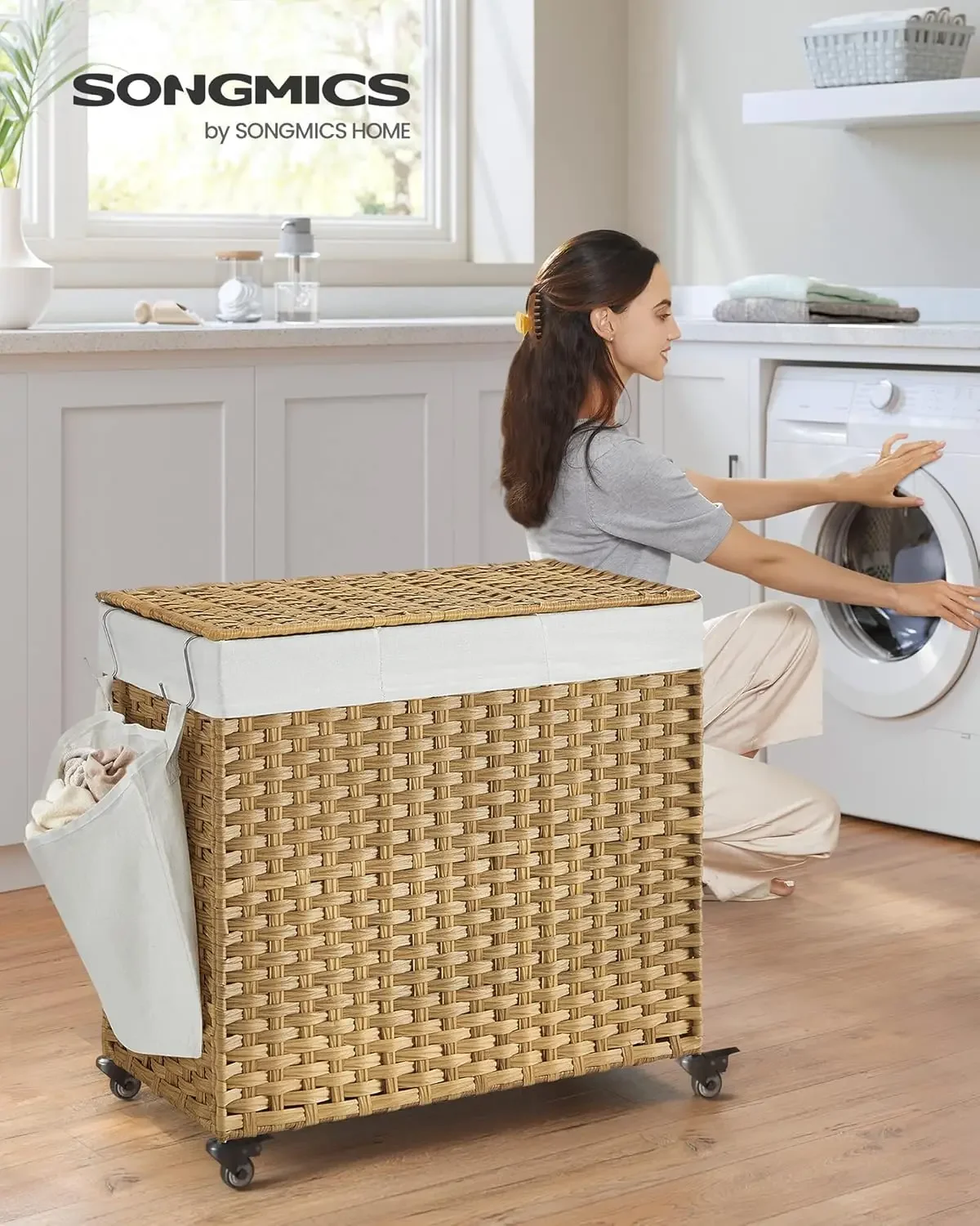 Laundry Hamper with Lid, 42.3 Gallon (160L), Rolling Laundry Basket with Wheels, 3-Section Synthetic Rattan Laundry Ham