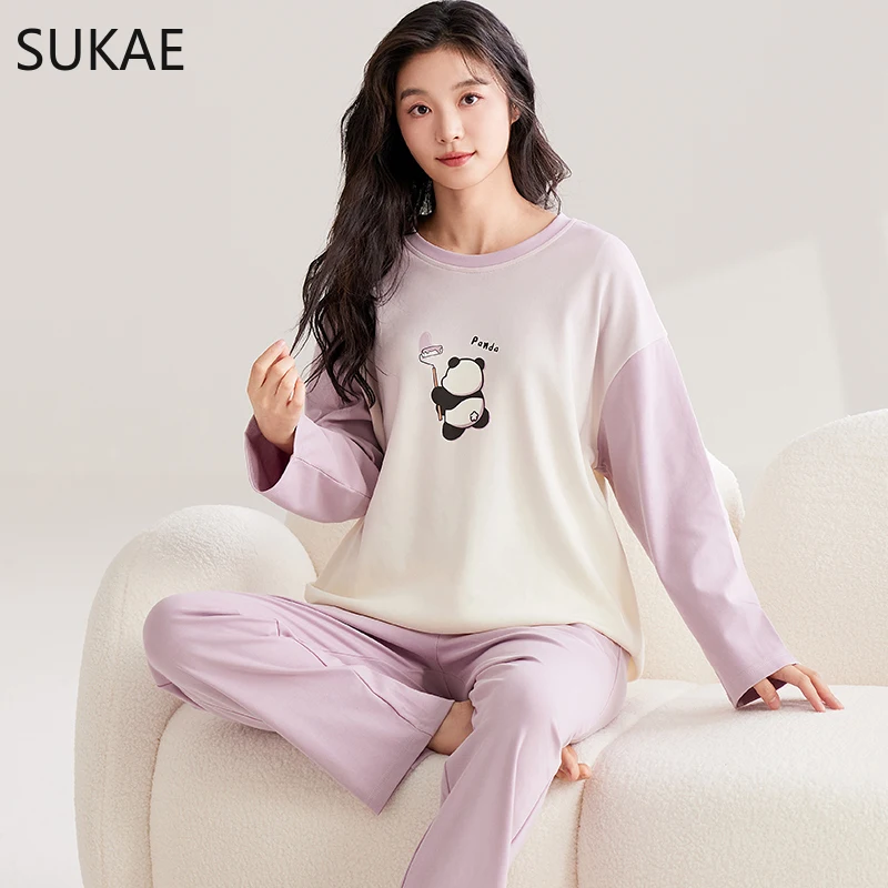 SUKAE Women Pajamas Set Panda Series Cartoon Long Sleeves Sleepwear for Girl Autumn Spring Soft Faux Cotton Nightwear Leisure Pj