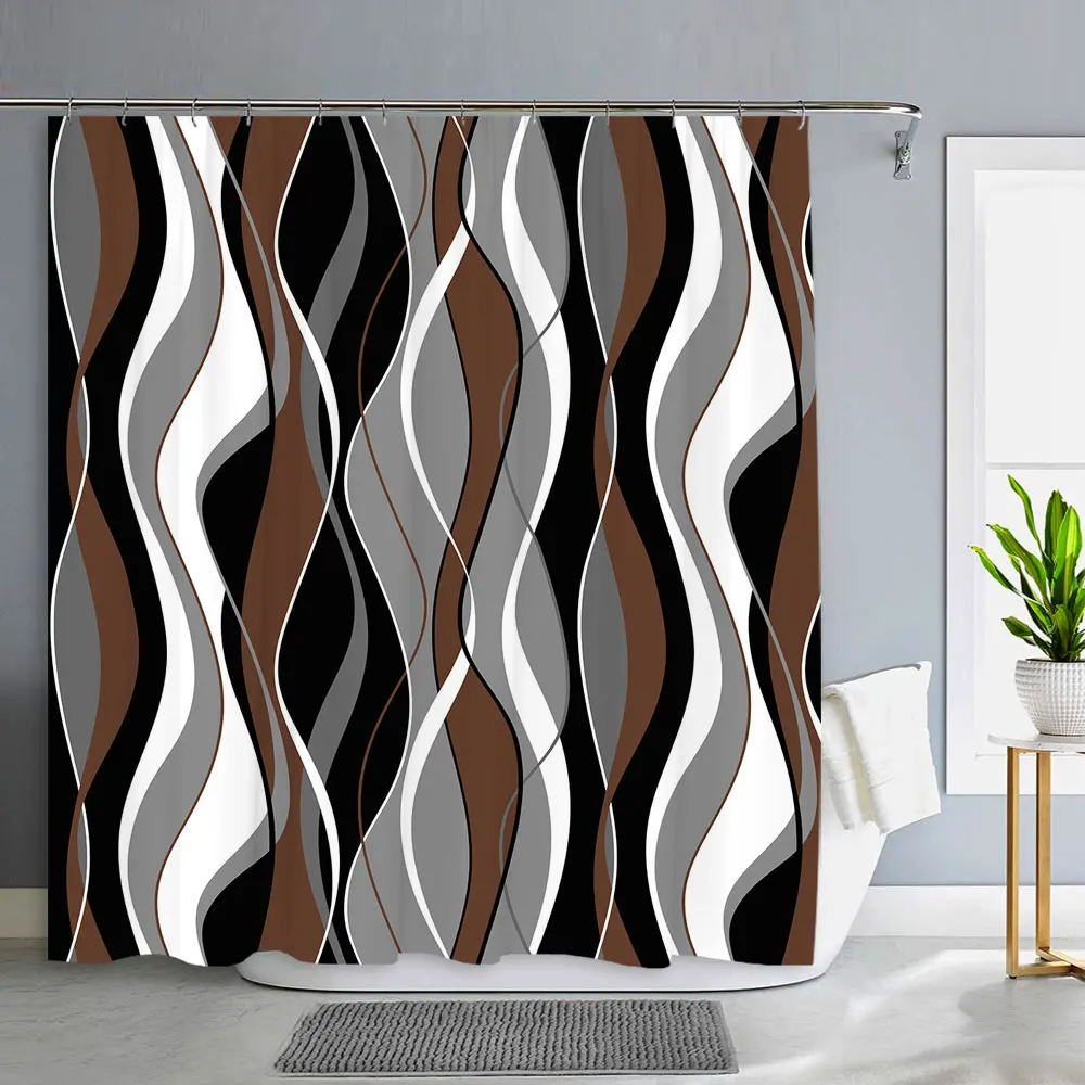 Black and Grey Shower Curtain, Gray White Abstract Modern Bathroom Decor Waffle Weave Textured Fabric Shower Curtains With Hooks