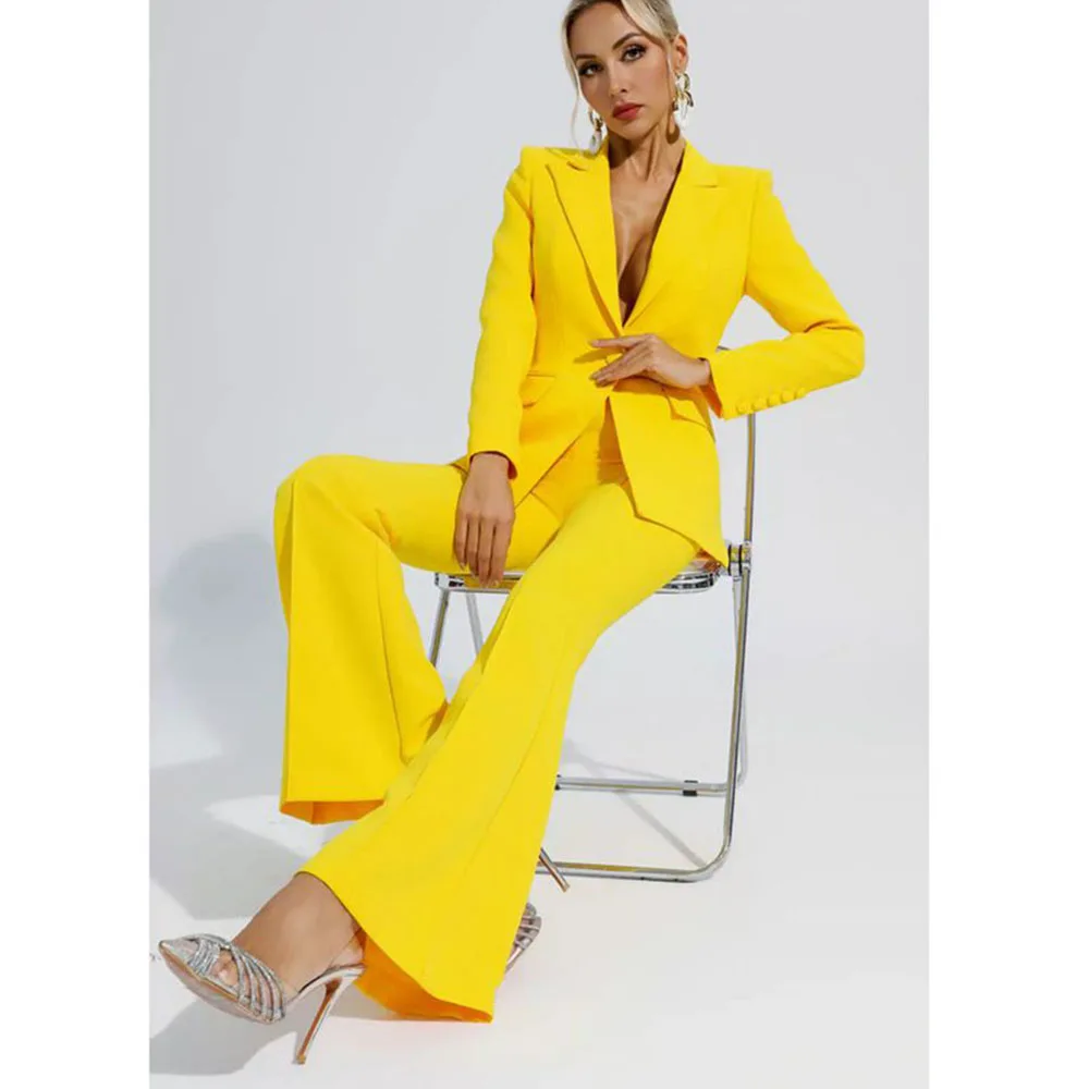 Fahsion Chic Yellow Suits for Women Single Breasted 2 Pieces Jacket Pants Female Clothing Slim Fit Office Banquet Lady's Costume