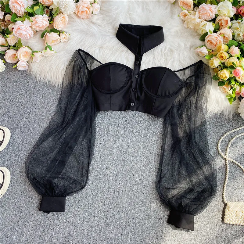 Autumn Sexy Cropped Tops for Women Off-shoulder Mesh Patchwork Sheer Female Corset Top Ladies Halter Skinny Blouses Dropshipping