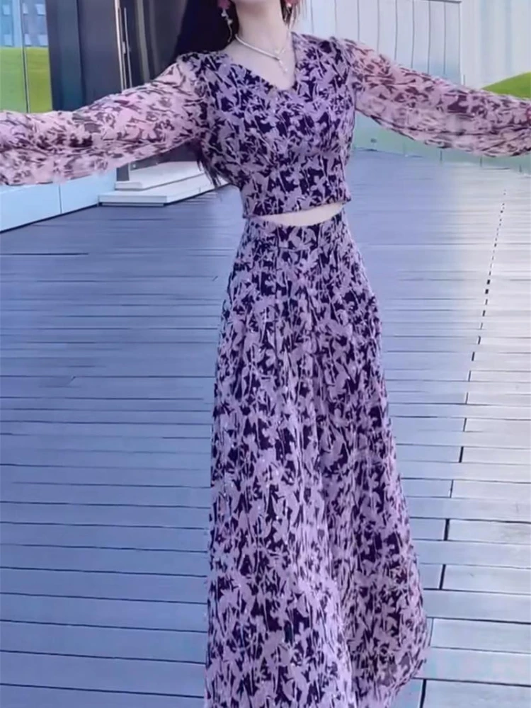 

Goddess style high-end floral printing light luxury temperament spring new slim fit top wide leg pants two-piece set