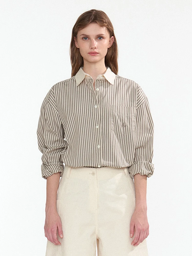 

Casual Loose Long Sleeve Striped Shirt Women's Summer New Style Korean Version Embroidered Breathable Cotton Button up Top