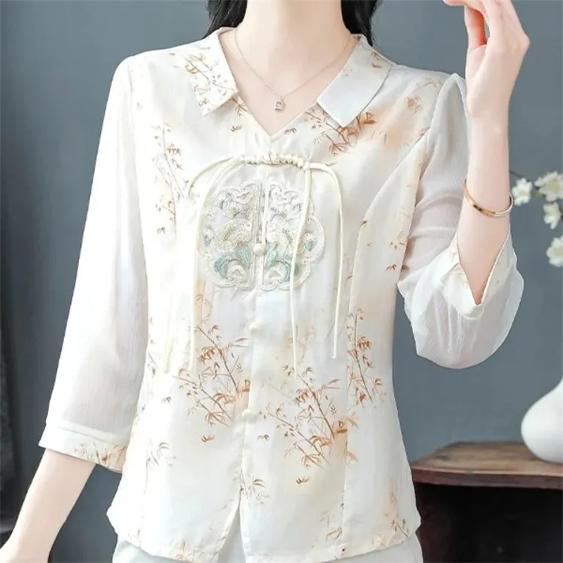 2025 ใหม่สไตล์จีนปักเสื้อผู้หญิงฤดูร้อนชุดใหม่แม่ชีฟอง TOP