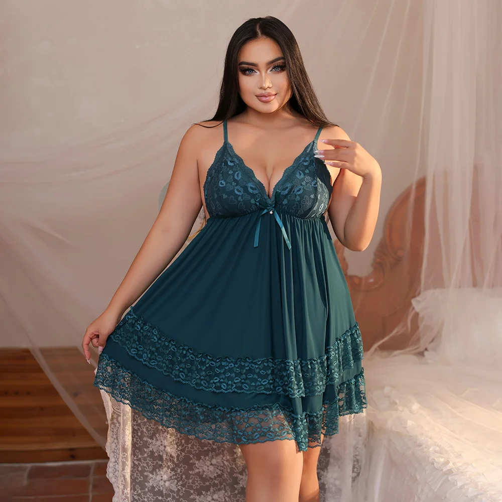 Plus Size Teal Lace Babydoll Lingerie Dress - Sexy V-Neck Spaghetti Strap Nightgown, Sheer Mesh Sleepwear for Curvy Women view 3