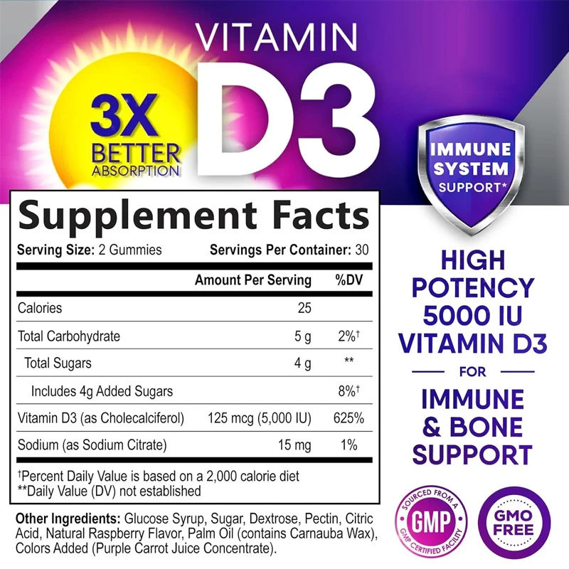 Gommes à la vitamine D3, extra fortes 5000 UI (125 mcg) -soutien des os, des dents, des muscles et du système immunitaire, sans OGM-60