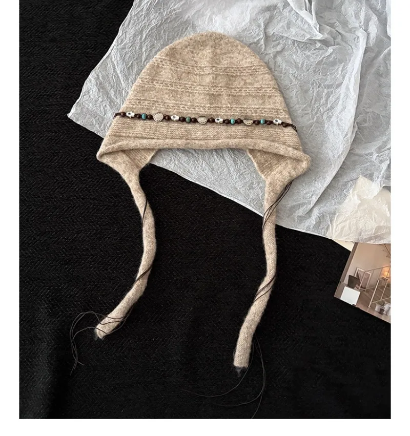 Japanische Nischen-Perlenmütze im Ethno-Stil, gestrickte Pullover-Mütze für Winterwärme und künstlerischen Ohrenschutz, Bombermützen für Damen – Detail 9