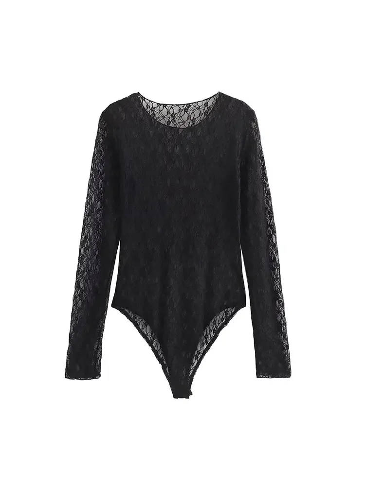 Nlzgmsj TRAF 2024 Woman Lace Bodysuit Long Sleeve Vintage O-Neck Spring Autumn Causal Elegant Jumpsuit Slim Tops