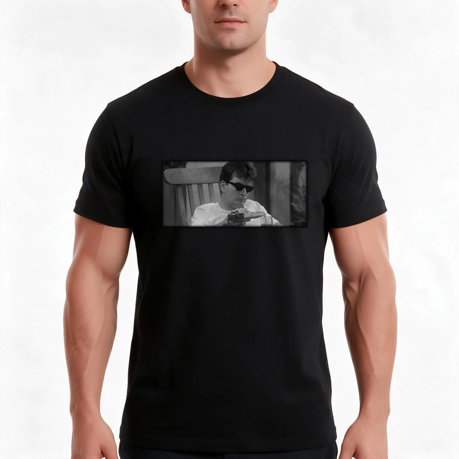 Charlie Sheen (Black & White) T-Shirt, Summer Casual Cotton Tee, Oversized Streetwear Tops, Vintage Graphic Print, 100% Cotton