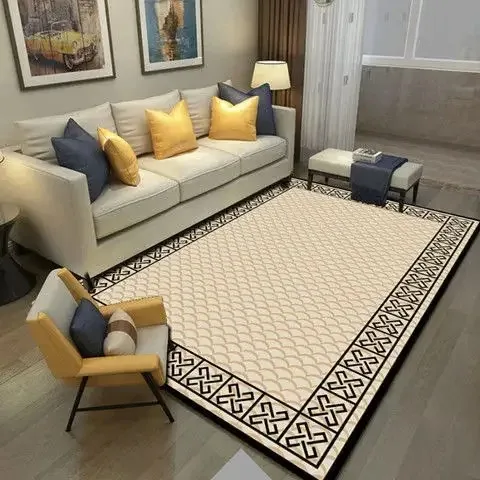 VIKAMA Black White Greek Key Geometric Rug Minimalist Flannel Non Slip Stain Resistant Floor Mat Living Room Sofa Decor