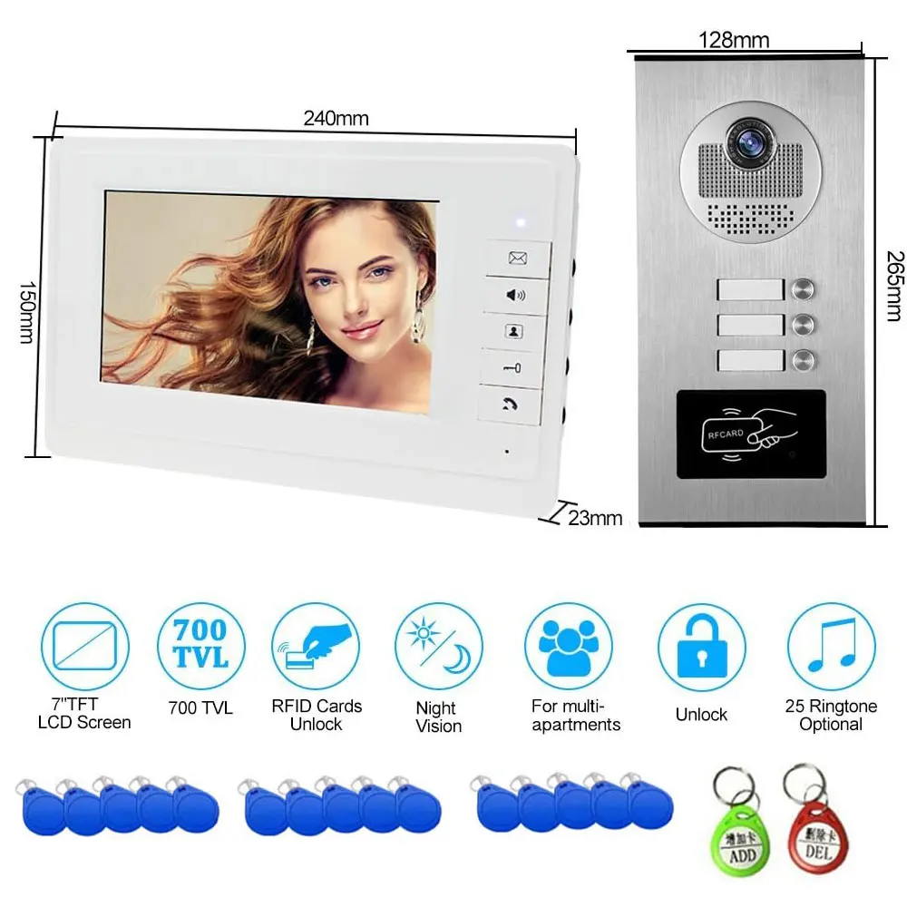 7'' Video to Color Intercom Door System Phone System RFID Access Entry Camera with Ringtone IR for Multi- 3 Apartments/Family ﻿