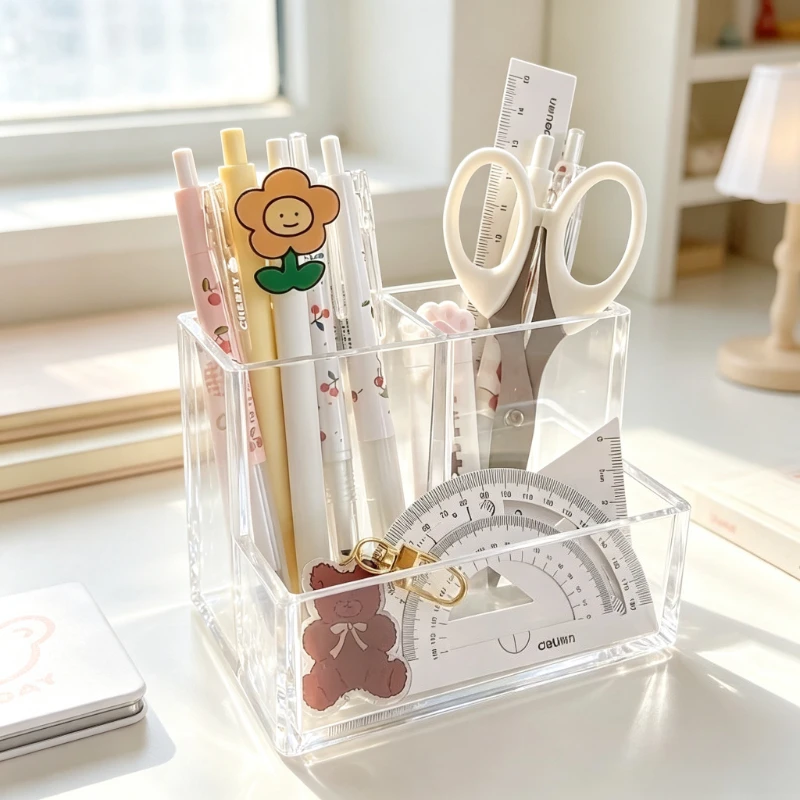 Transparent 3-Compartment Pens Holder Acrylic Desk Organizer Pens Pencils Markers Desktop Storage Box for Office School Supplies view 2
