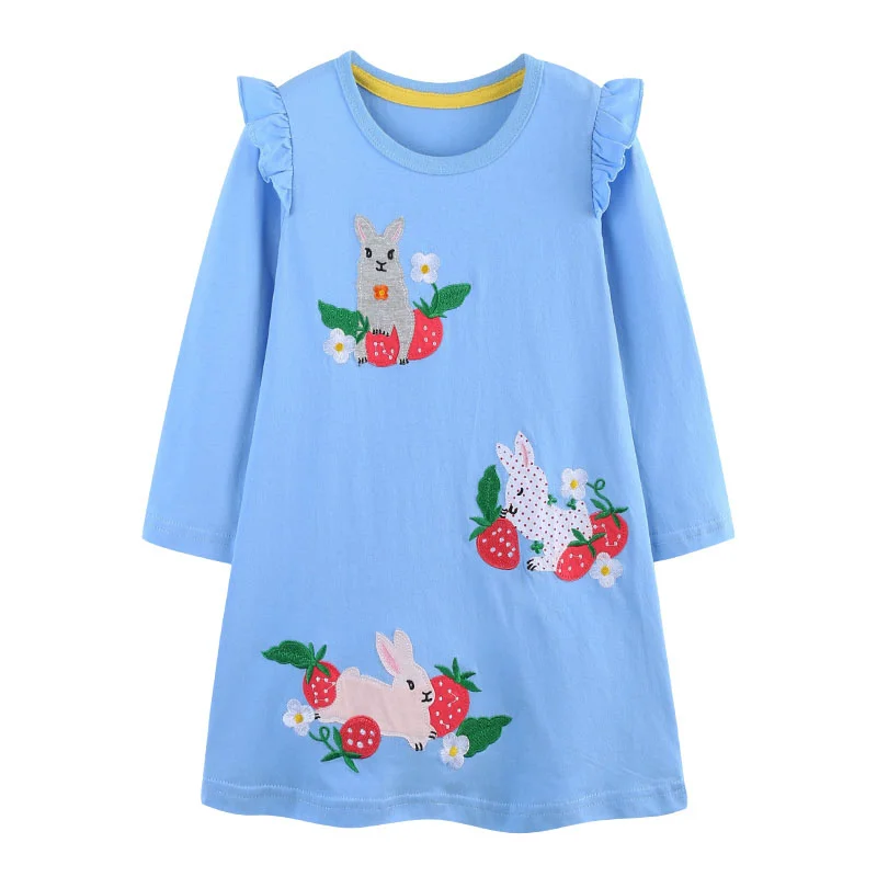 

Jumping Meters 2-7T Bunny Applique Girls Dresses Pockets Cotton Autumn Spring Fashion Embroidery Children's Clothes Party Frocks