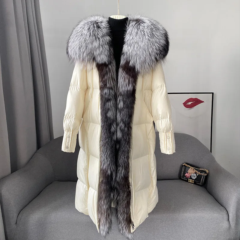 Cappotto lungo in vera pelliccia di volpe naturale piumino d'anatra bianco inverno donna cappotto allentato caldo capispalla di lusso spessa giacca Streetwear