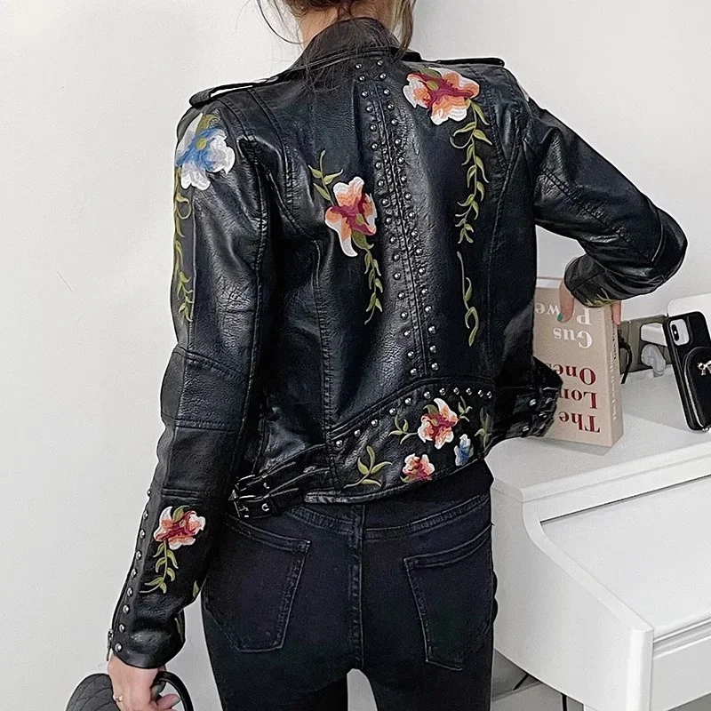 Hohe Qualität Vintage Blume Stickerei Faux Pu Leder Mantel Beige Schwarz Revers Langarm Casual Weibliche Biker Jacke Streetwear