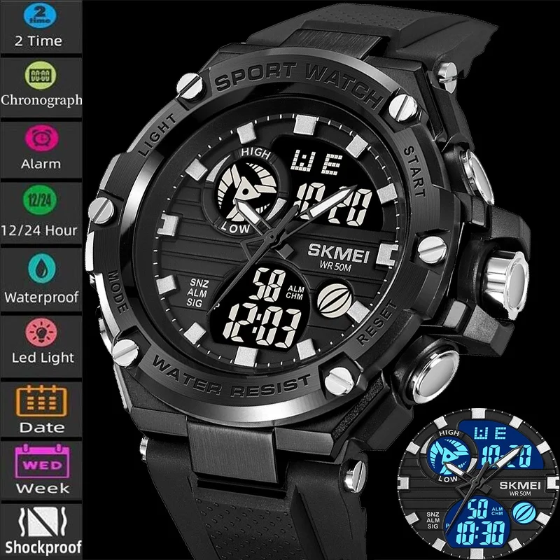 Skmei Waterproof Swimming Sports Watches for Mens Analog Digital Display LED Chronograph Fashion Big Size Dual Time