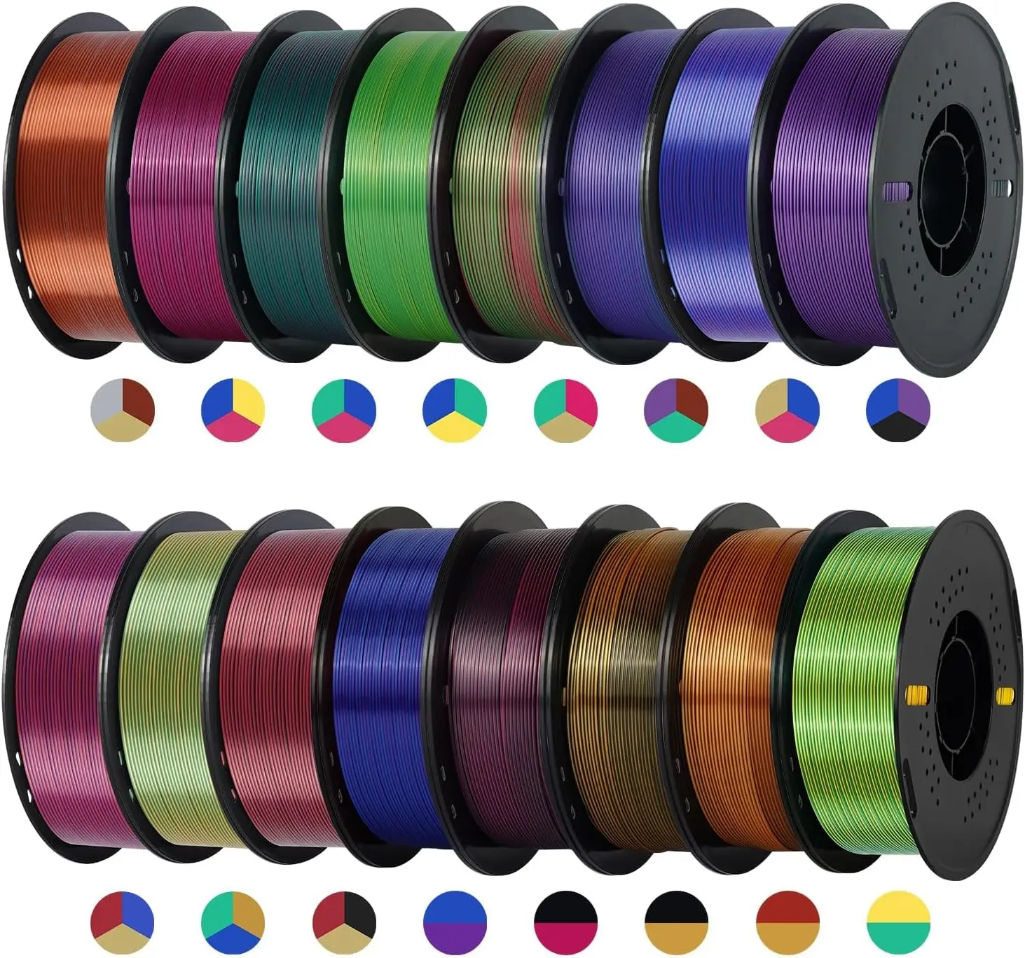Silk PLA Filament Bundle 16 Spools Dual Tri Color Shiny 3D Printer 1 75mm No Clog High Precision FDM