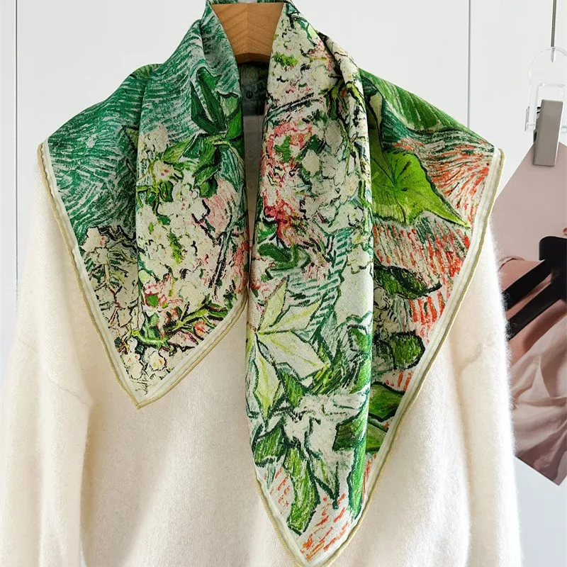 2026 Wool Silk Blend Floral Garden Square Scarf Women Autumn Winter Warm Soft Neck Warmer Korean Style Long Wrap Gift Fashion