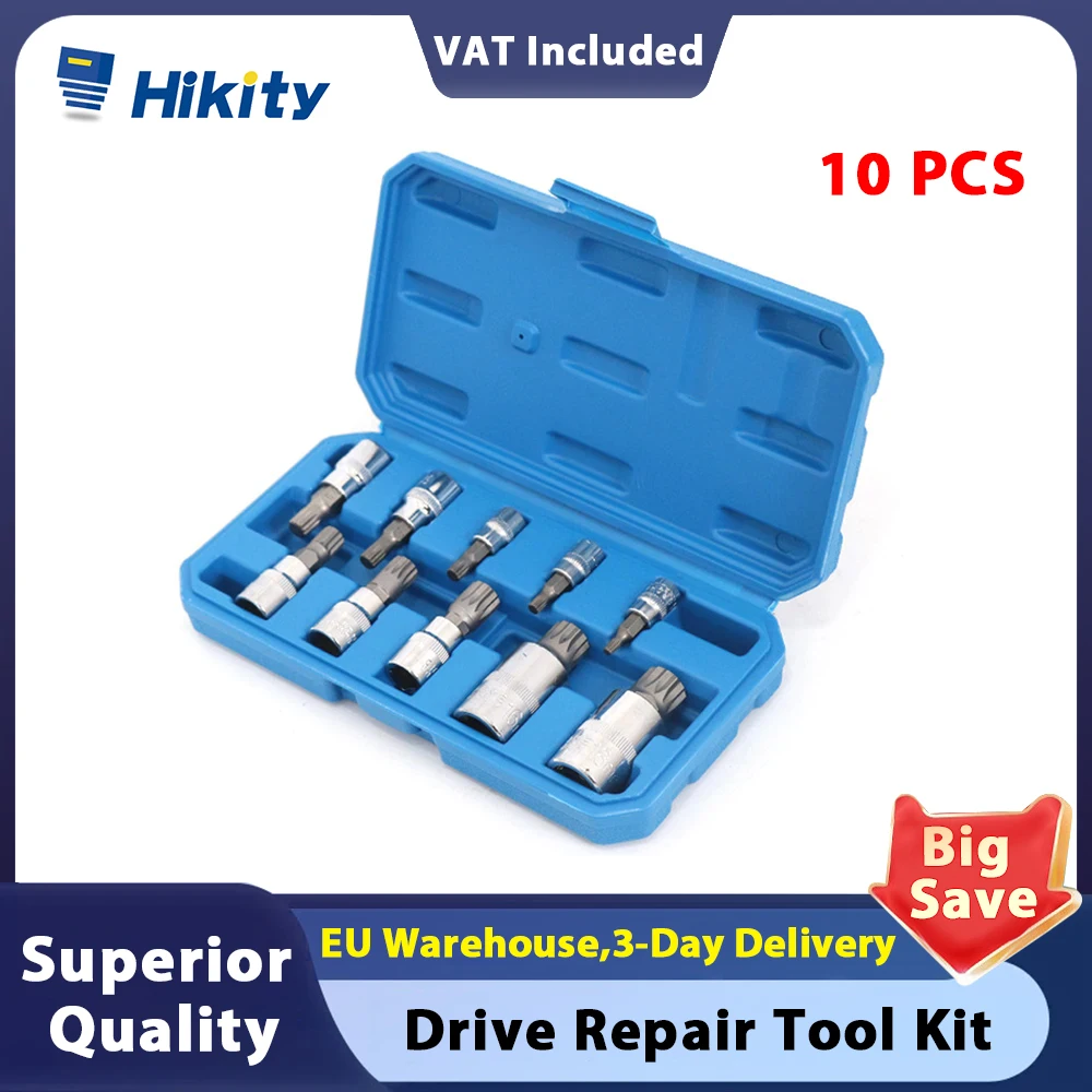 Hikity Professional 10 Pcs 12 Point Triple Square Spline Bit Socket Set M4-M18 1/4