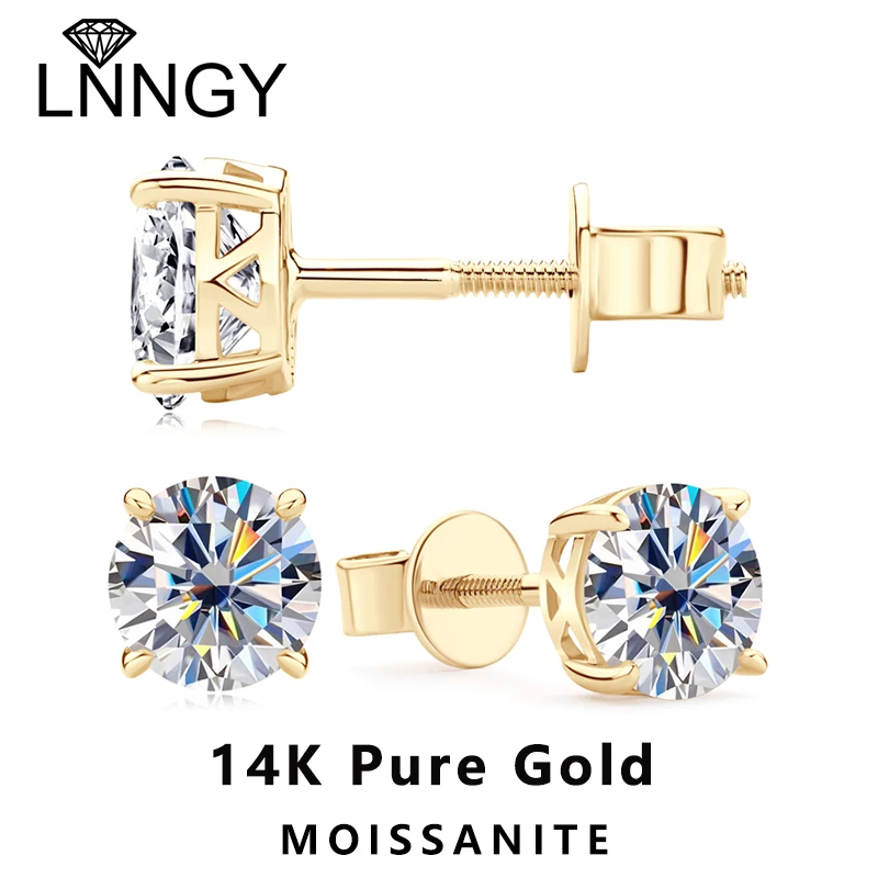 

Lnngy 14K Pure Gold Stud Earrings Sparkling 6mm 0.8CT Moissanite Screw Back Earring for Women Certified Yellow Gold Jewelry