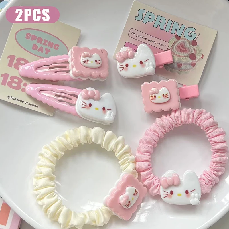 2Pcs Cartoon Sanrio Hello Kitty Hairpin Hair Band Kawaii Duckbill Hair Clip Side Bangs Clip Hair Rope Headwear Hair Accessories