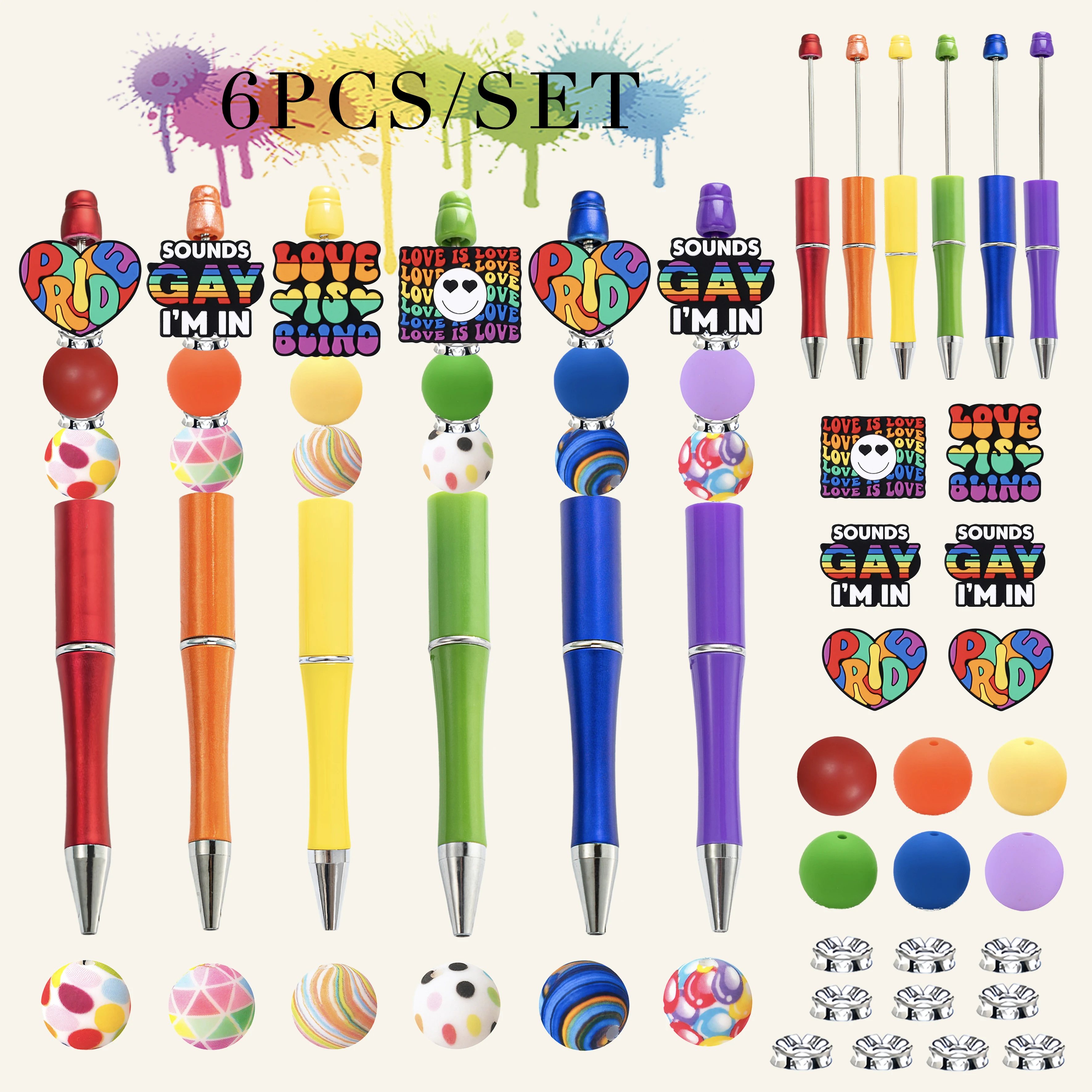 

6PCS LGBTO+ Rainbow Themed DIY Bead Ballpoint Pen And Silicone Bead Set, Paired With Gradient Rainbow Heart Design