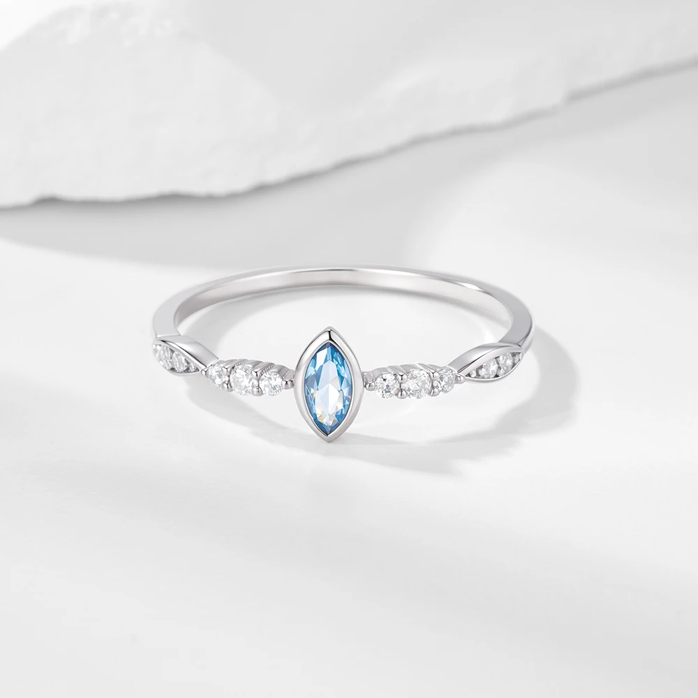 925 Silver 14K Gold Rhodium Plated Marquise Blue Zirconia Ring Side Pave Clear Zircon Thin Dainty Band Daily Stackable Jewelry