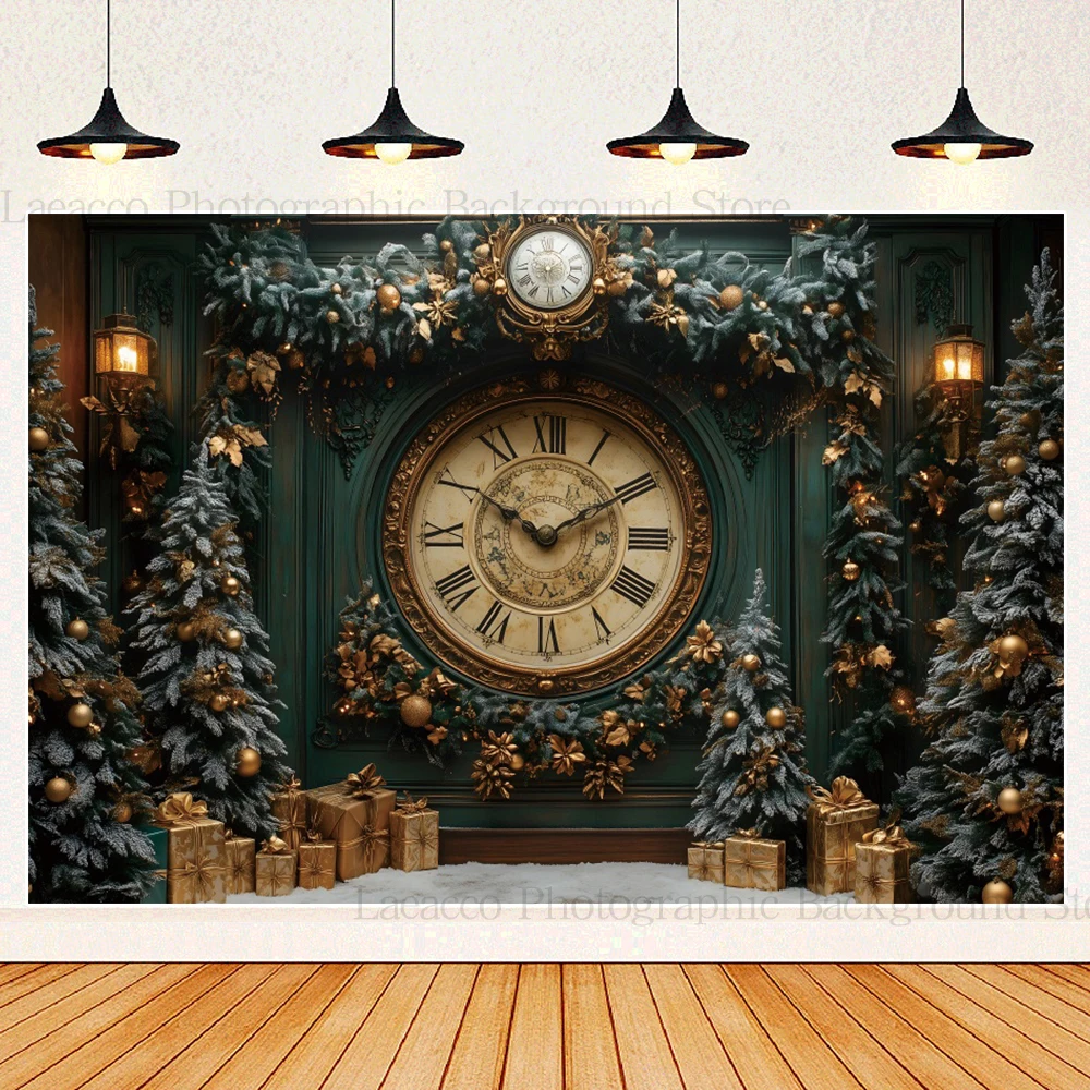 Christmas Clock Vintage Background Photography Green Indoor Green Xmas Tree Gift New Year's Eve Party Backdrop Photo Studio Prop