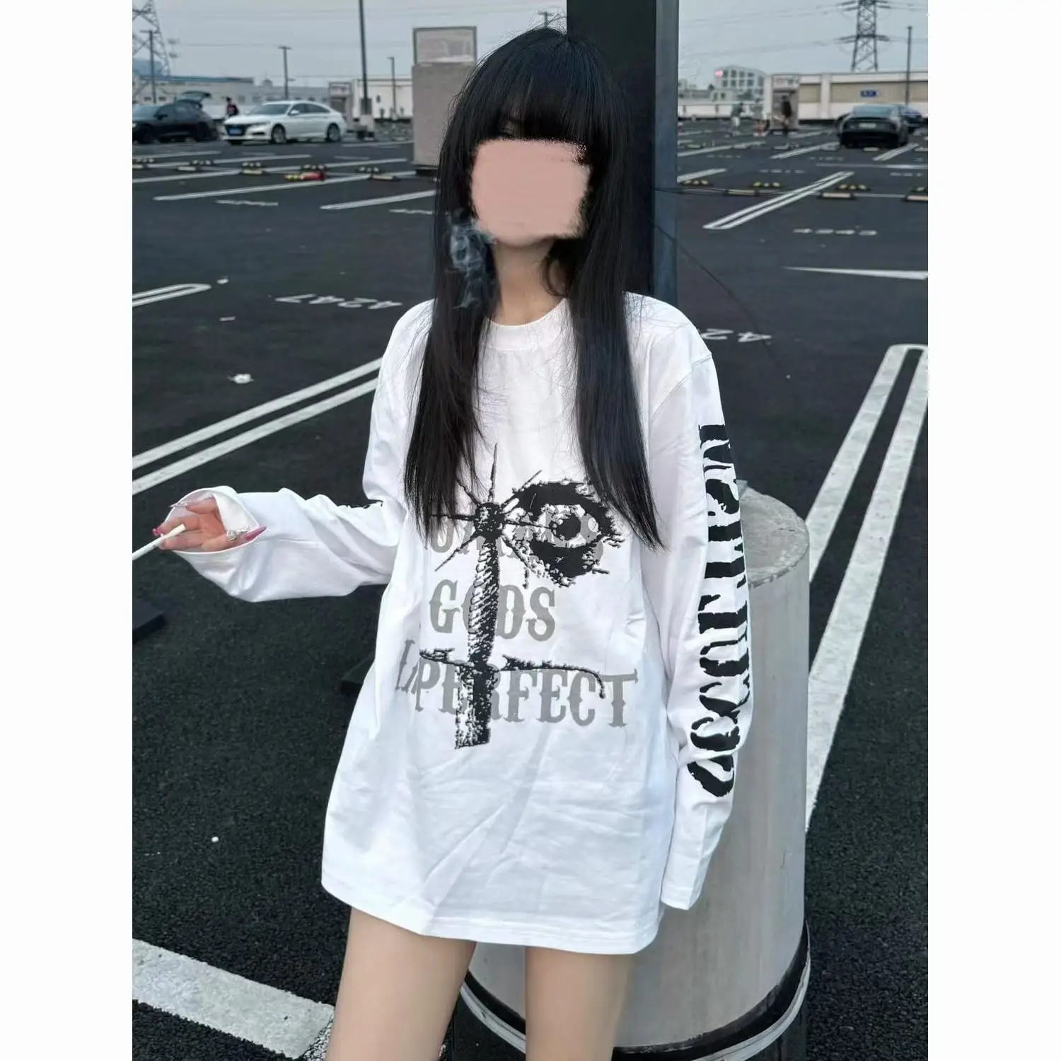 Cotton T-Shirt Long Sleeve Graphic Letter Print Tops Harajuku Subculture Dark Gothic Punk Style Streetwear Casual Couple Clothes